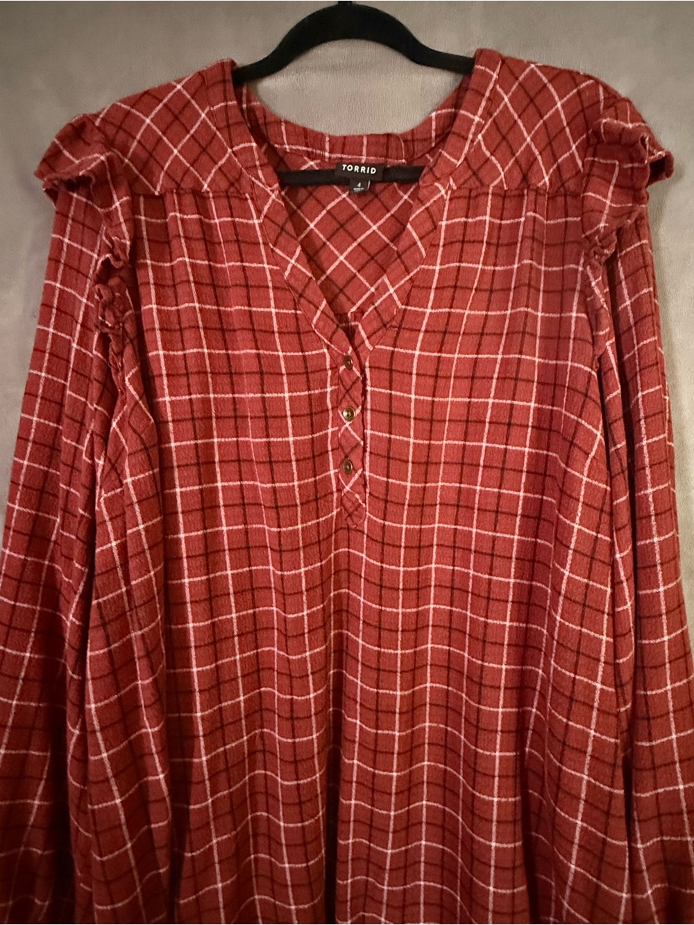 torrid Rust Red Plaid Ruffle-Yoke Henley Tunic